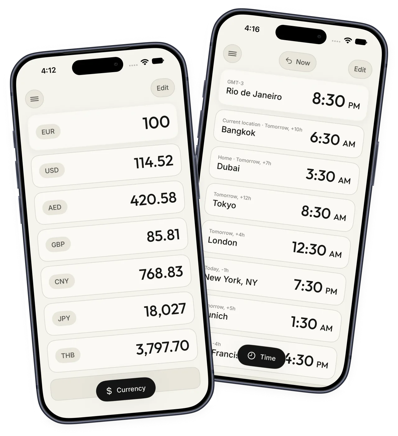 JustConvert showing the currency converter and world time screens